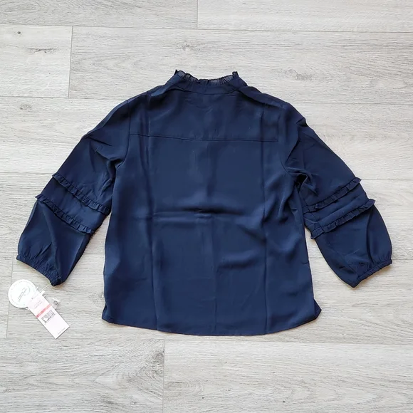 Eco Nanette Lepore Navy Shirt Womens Xs Ruffle Three Quarter Sleeves - Picture 8 of 10